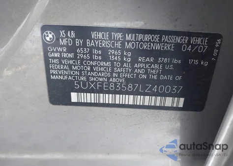 2007 BMW X5 4.8I from USA, damaged, VIN 5UXFE83587LZ40037